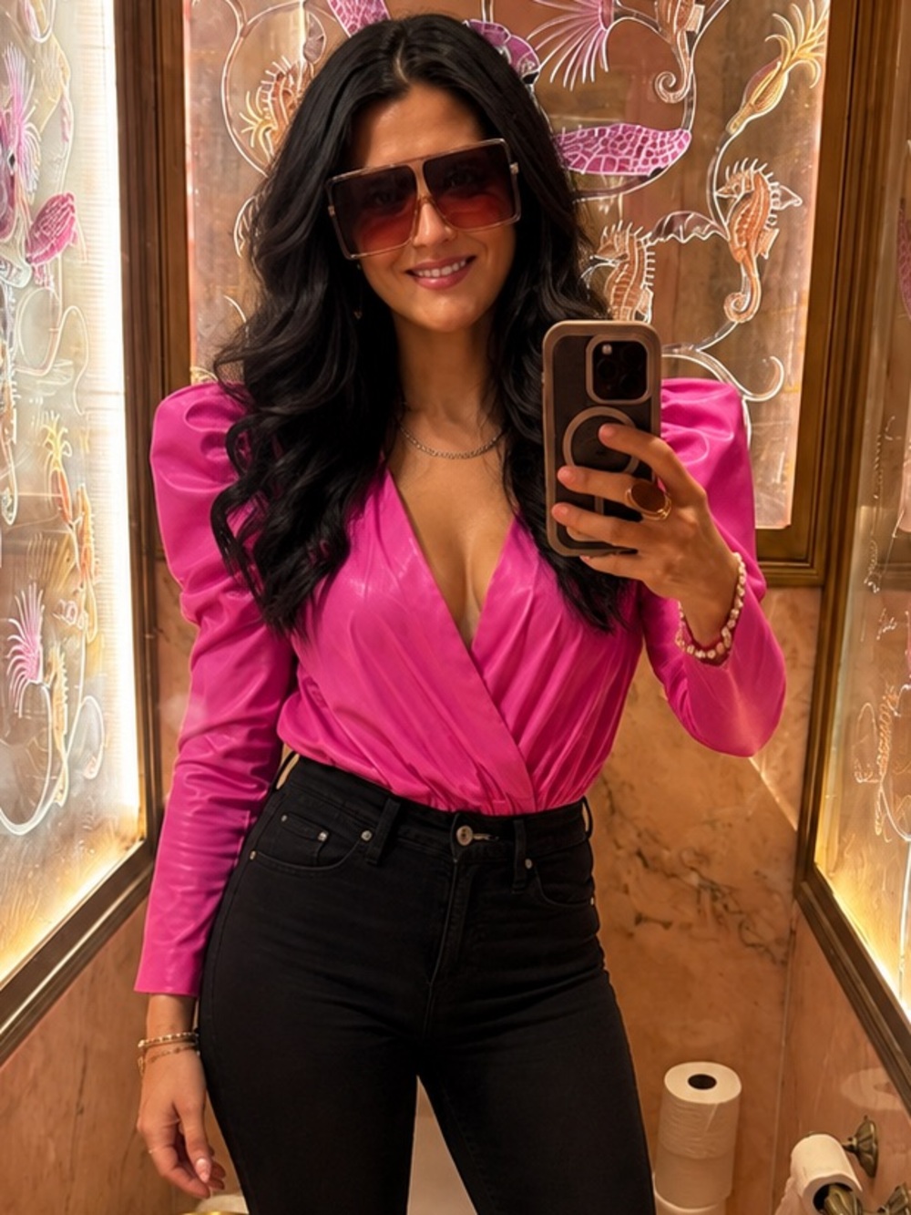 Buddy Love Black boutique pink faux leather body suit . Make a statement